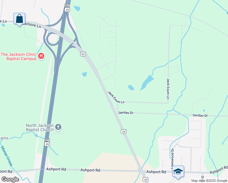 map of restaurants, bars, coffee shops, grocery stores, and more near 25 Jack Exum Lane in Jackson