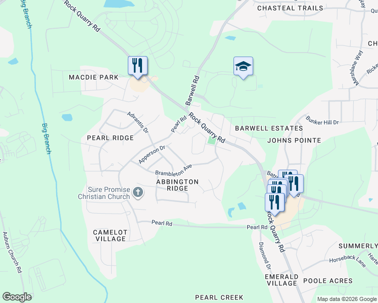 map of restaurants, bars, coffee shops, grocery stores, and more near 5829 Bryanstone Place in Raleigh