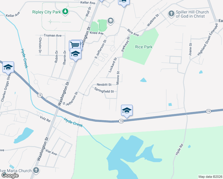 map of restaurants, bars, coffee shops, grocery stores, and more near 366 Moore Street in Ripley