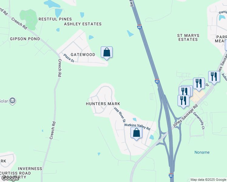 map of restaurants, bars, coffee shops, grocery stores, and more near 660 Hay River Street in Garner