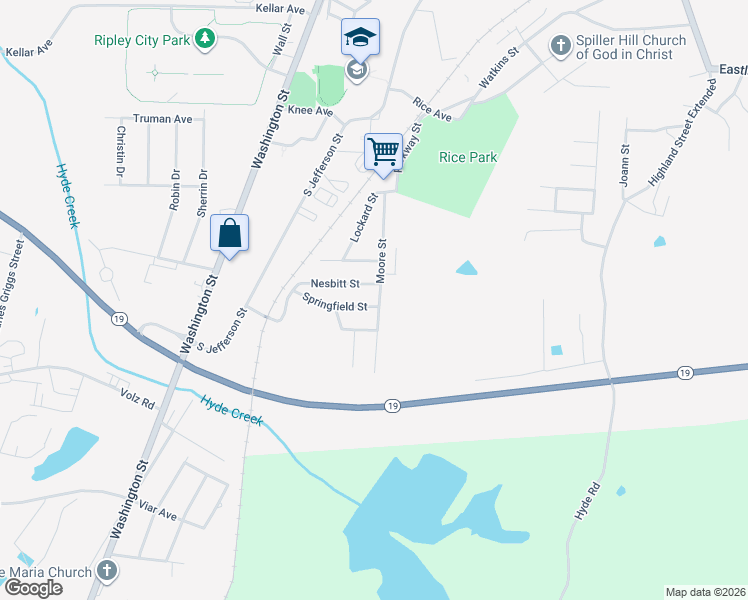 map of restaurants, bars, coffee shops, grocery stores, and more near 366 Moore Street in Ripley