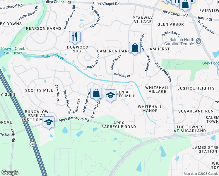 map of restaurants, bars, coffee shops, grocery stores, and more near 1204 Town Side Drive in Apex