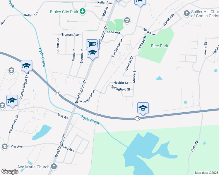 map of restaurants, bars, coffee shops, grocery stores, and more near 357 Springfield Street in Ripley