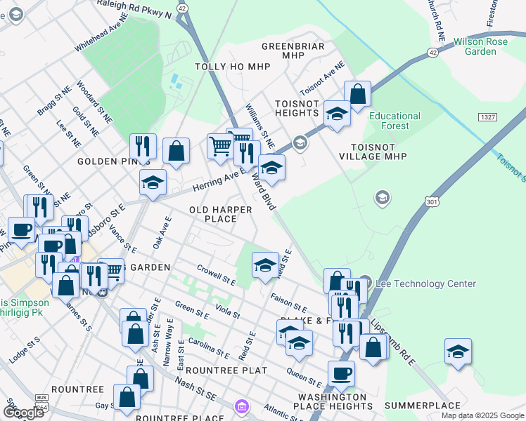 map of restaurants, bars, coffee shops, grocery stores, and more near 4630 Ward Blvd in Wilson
