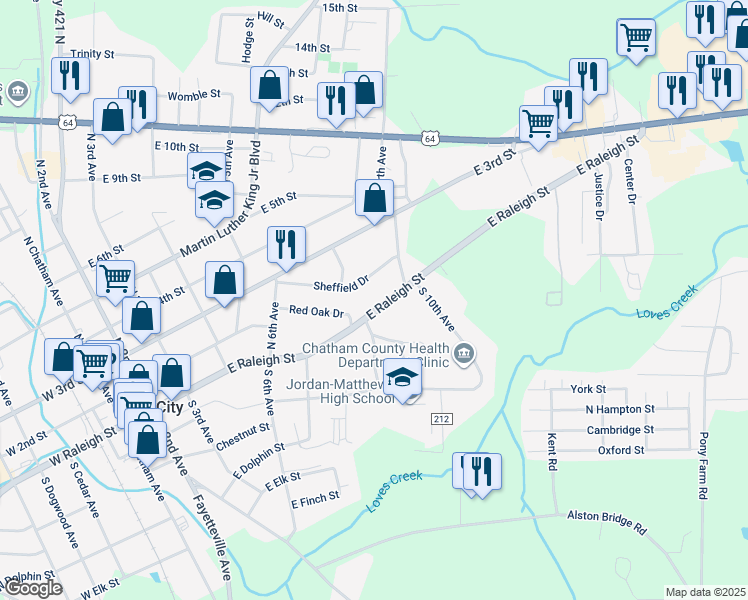 map of restaurants, bars, coffee shops, grocery stores, and more near 808 East Raleigh Street in Siler City
