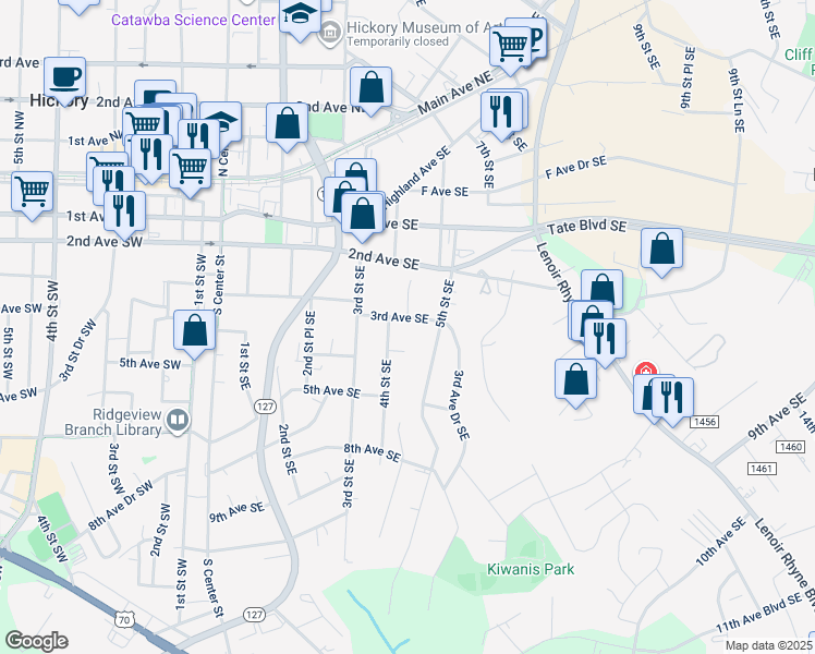 map of restaurants, bars, coffee shops, grocery stores, and more near 316 5th Street Southeast in Hickory
