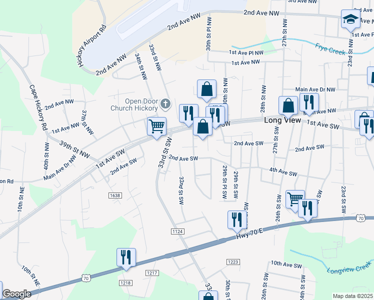 map of restaurants, bars, coffee shops, grocery stores, and more near 3125 1st Avenue Southwest in Hickory