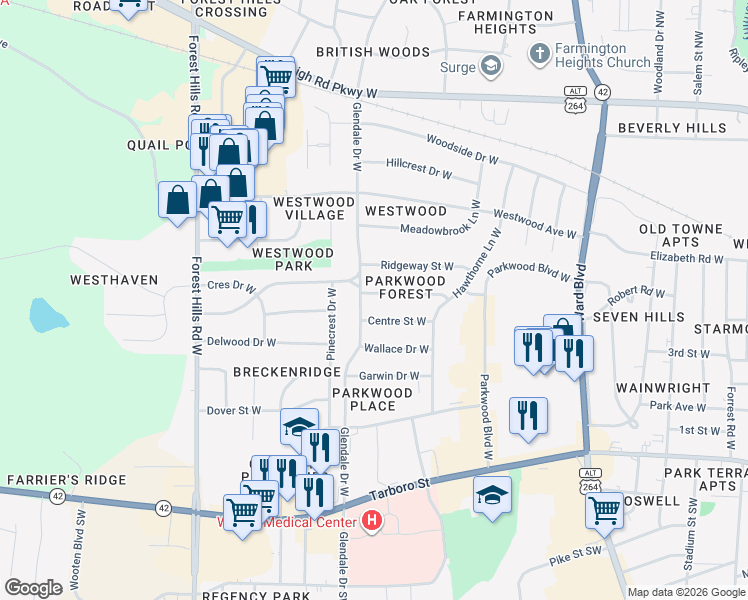 map of restaurants, bars, coffee shops, grocery stores, and more near 1727 Parkway Street West in Wilson