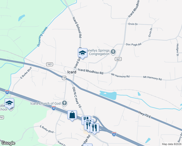 map of restaurants, bars, coffee shops, grocery stores, and more near 3557 Icard Rhodhiss Road in Connelly Springs