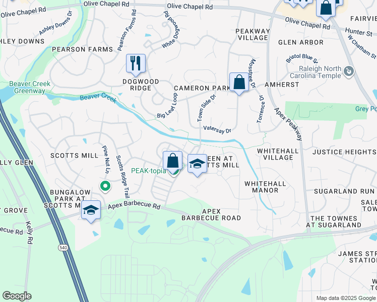 map of restaurants, bars, coffee shops, grocery stores, and more near 543 Village Loop Drive in Apex