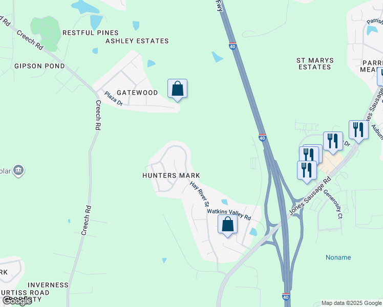 map of restaurants, bars, coffee shops, grocery stores, and more near 660 Hay River Street in Garner