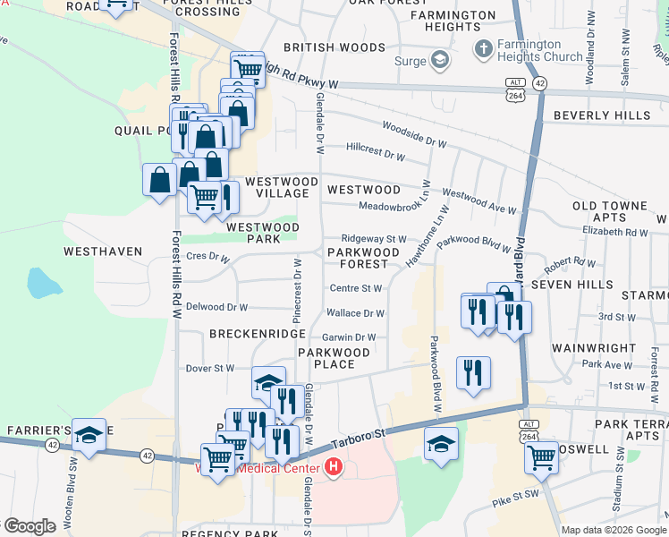 map of restaurants, bars, coffee shops, grocery stores, and more near 1727 Parkway Street West in Wilson