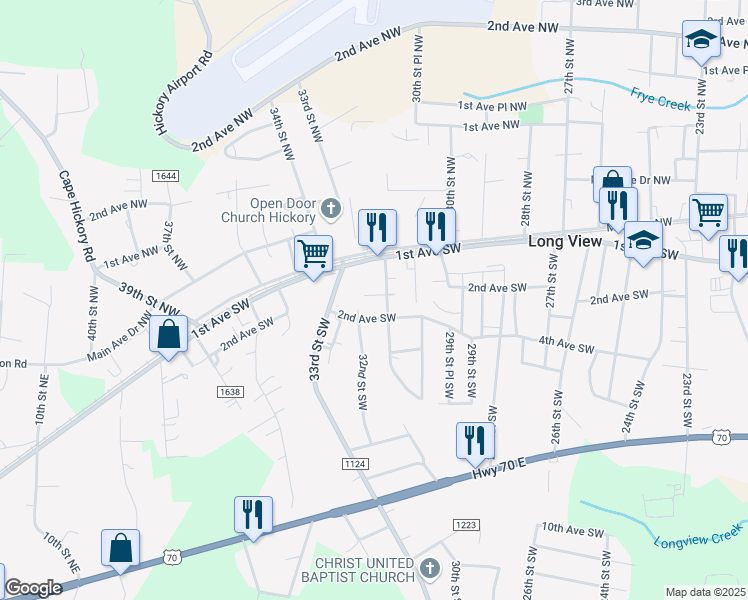 map of restaurants, bars, coffee shops, grocery stores, and more near 3125 1st Avenue Southwest in Hickory