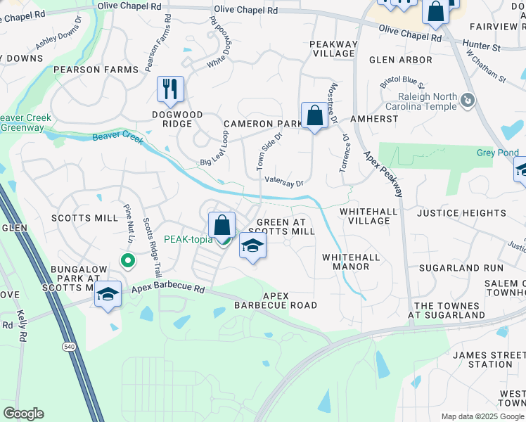 map of restaurants, bars, coffee shops, grocery stores, and more near 1206 Town Side Drive in Apex