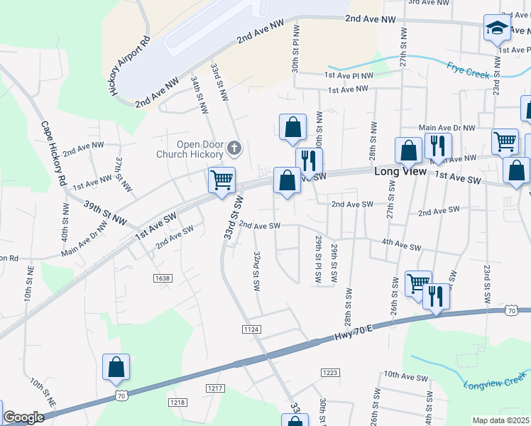 map of restaurants, bars, coffee shops, grocery stores, and more near 3125 1st Avenue Southwest in Hickory