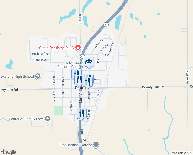 map of restaurants, bars, coffee shops, grocery stores, and more near 100 Kansas Avenue in Okarche