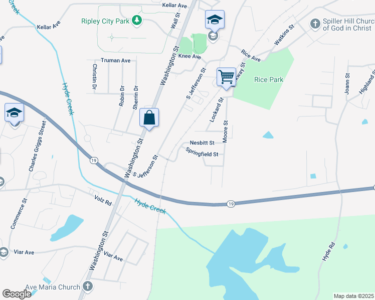 map of restaurants, bars, coffee shops, grocery stores, and more near 357 Springfield Street in Ripley