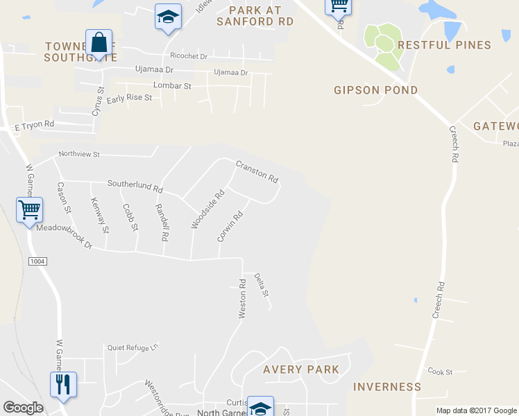 map of restaurants, bars, coffee shops, grocery stores, and more near 1602 Cranston Road in Garner