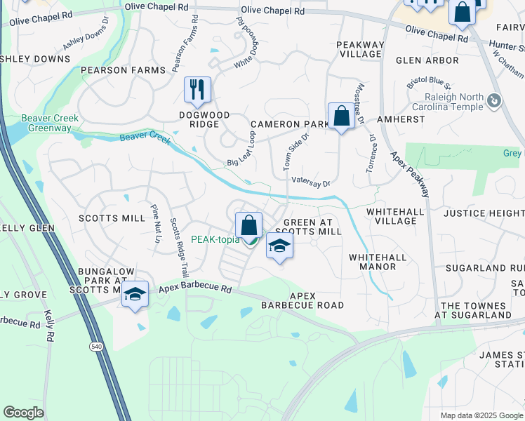 map of restaurants, bars, coffee shops, grocery stores, and more near 502 Village Loop Drive in Apex