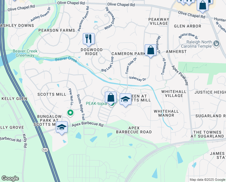 map of restaurants, bars, coffee shops, grocery stores, and more near 406 Village Loop Drive in Apex