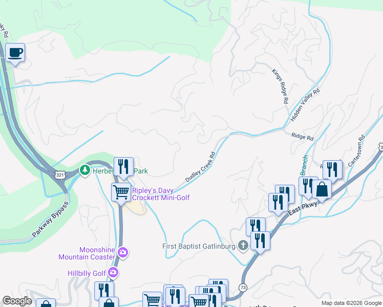map of restaurants, bars, coffee shops, grocery stores, and more near 305 Dudley Creek Road in Gatlinburg