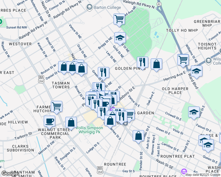 map of restaurants, bars, coffee shops, grocery stores, and more near 100 Green Street Northeast in Wilson
