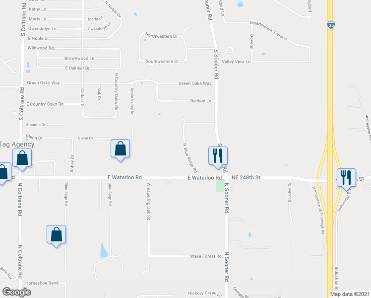 map of restaurants, bars, coffee shops, grocery stores, and more near North Blue Ridge Road in Edmond