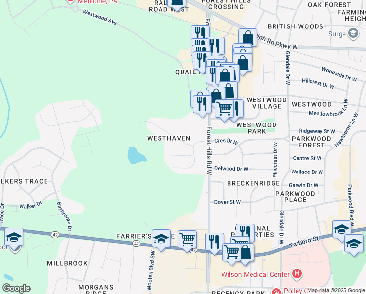 map of restaurants, bars, coffee shops, grocery stores, and more near 2605 Winding Ridge Drive West in Wilson