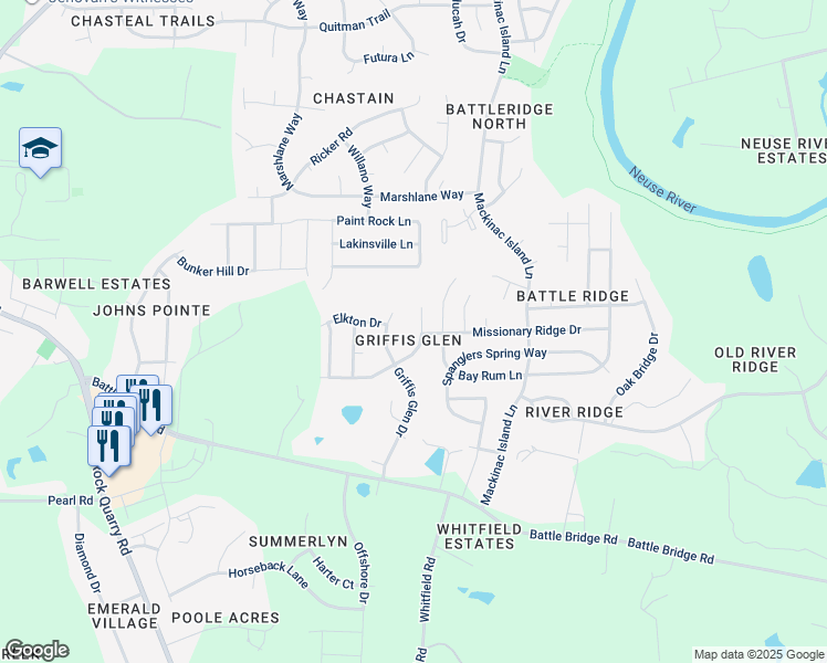 map of restaurants, bars, coffee shops, grocery stores, and more near 4245 Dalcross Road in Raleigh