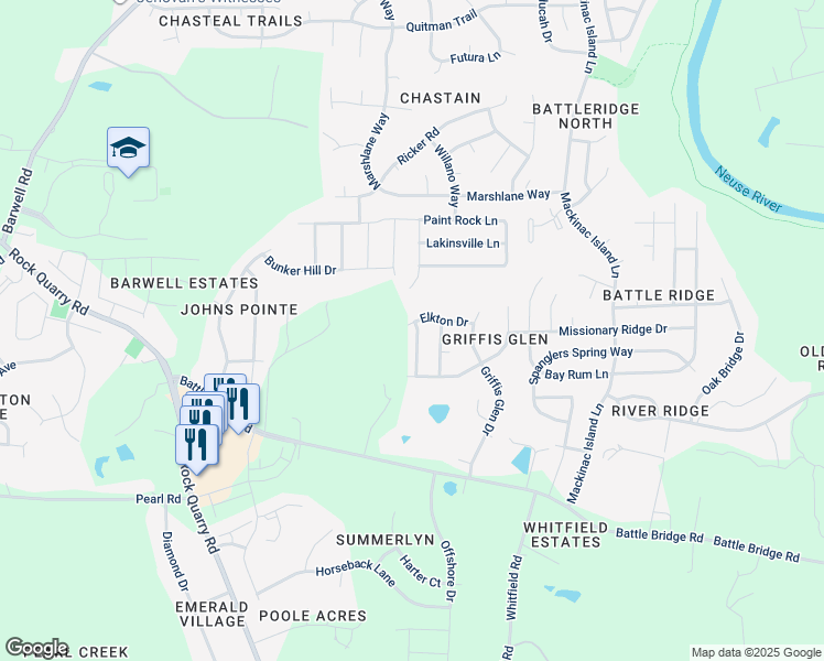 map of restaurants, bars, coffee shops, grocery stores, and more near 3814 Chehaw Drive in Raleigh