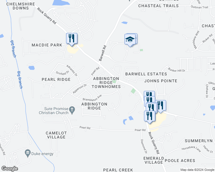 map of restaurants, bars, coffee shops, grocery stores, and more near 3975 Volkswalk Place in Raleigh
