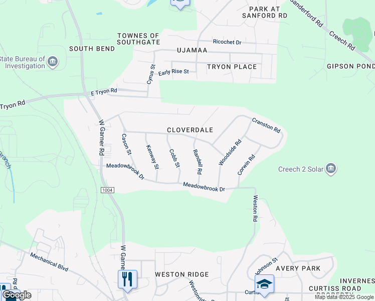 map of restaurants, bars, coffee shops, grocery stores, and more near 3814 Randell Road in Garner
