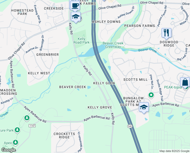 map of restaurants, bars, coffee shops, grocery stores, and more near 1904 Kelly Road in Apex