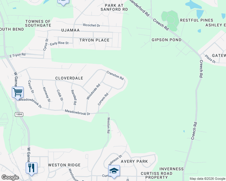 map of restaurants, bars, coffee shops, grocery stores, and more near 1602 Cranston Road in Garner