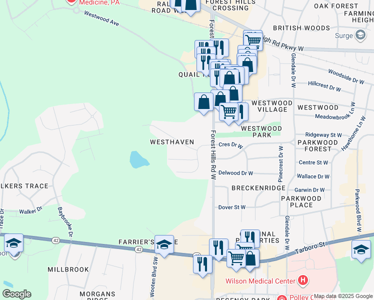 map of restaurants, bars, coffee shops, grocery stores, and more near 2605 Winding Ridge Drive West in Wilson
