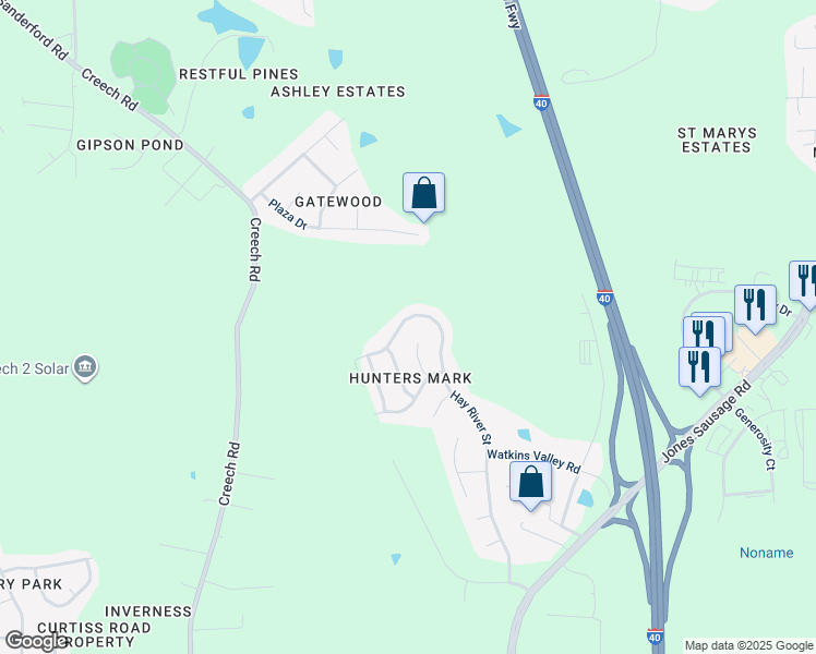 map of restaurants, bars, coffee shops, grocery stores, and more near 771 Hay River Street in Garner