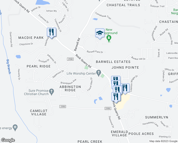 map of restaurants, bars, coffee shops, grocery stores, and more near 3921 Laurel Glen Drive in Raleigh