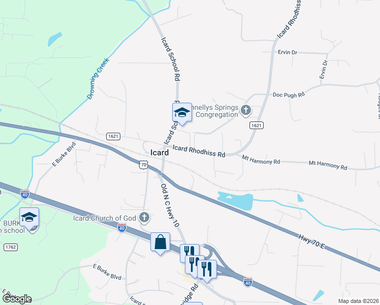 map of restaurants, bars, coffee shops, grocery stores, and more near 3557 Icard Rhodhiss Road in Connelly Springs