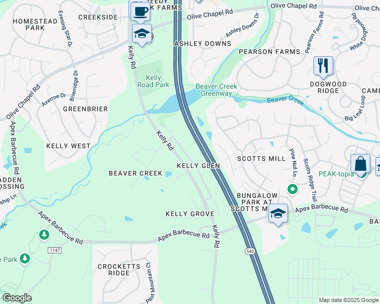 map of restaurants, bars, coffee shops, grocery stores, and more near 1814 Kelly Glen Drive in Apex
