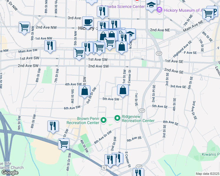map of restaurants, bars, coffee shops, grocery stores, and more near 417 2nd Street Southwest in Hickory