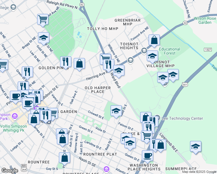map of restaurants, bars, coffee shops, grocery stores, and more near Harper Street East in Wilson