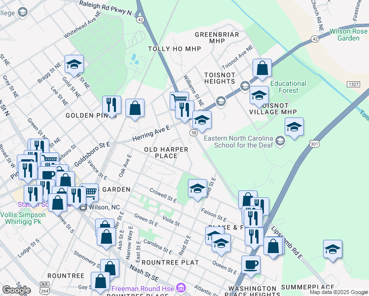 map of restaurants, bars, coffee shops, grocery stores, and more near Harper Street East in Wilson