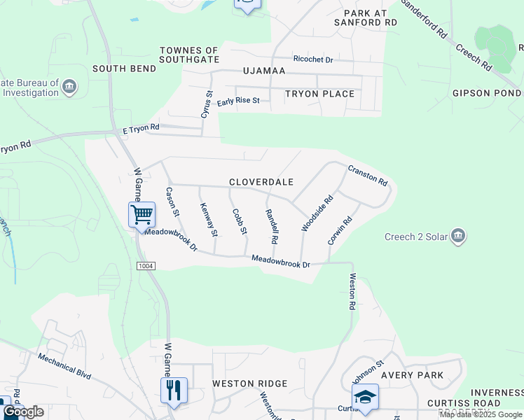map of restaurants, bars, coffee shops, grocery stores, and more near 3814 Randell Road in Garner
