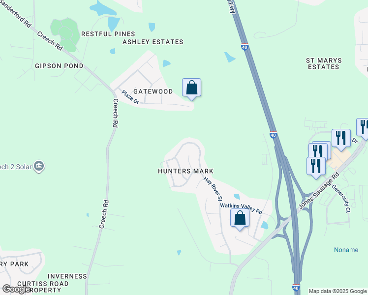 map of restaurants, bars, coffee shops, grocery stores, and more near 747 Hay River Street in Garner
