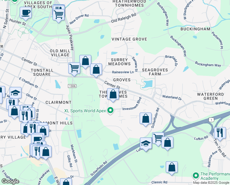 map of restaurants, bars, coffee shops, grocery stores, and more near 133 Old Grove Lane in Apex