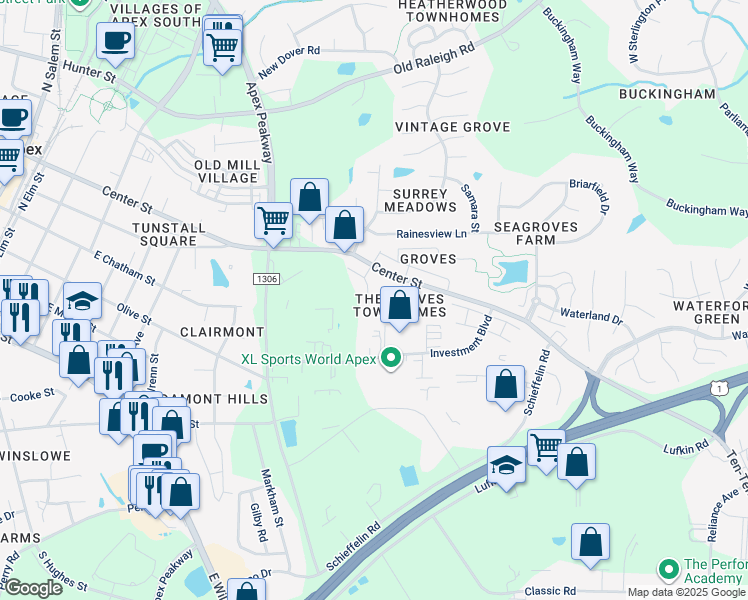 map of restaurants, bars, coffee shops, grocery stores, and more near 302 Old Grove Lane in Apex