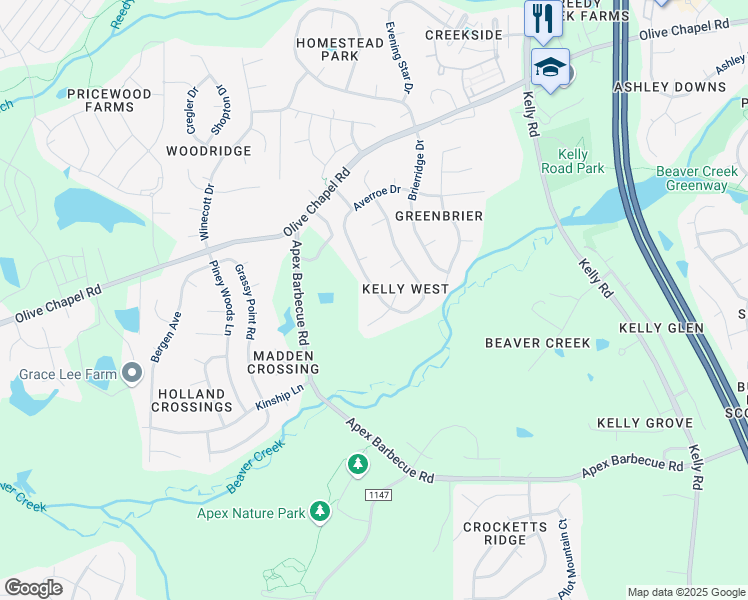 map of restaurants, bars, coffee shops, grocery stores, and more near 106 Kelly Point Court in Apex