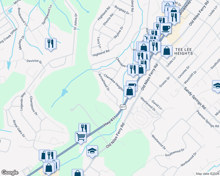 map of restaurants, bars, coffee shops, grocery stores, and more near 129 Arrowhead Drive in Maryville