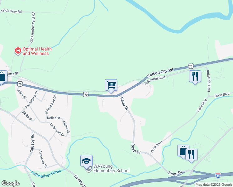 map of restaurants, bars, coffee shops, grocery stores, and more near 261 Reep Drive in Morganton