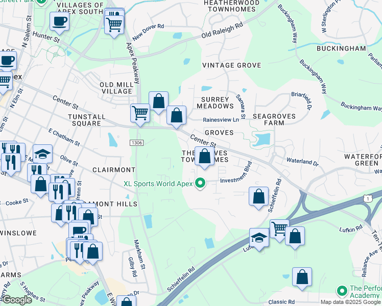 map of restaurants, bars, coffee shops, grocery stores, and more near 302 Old Grove Lane in Apex